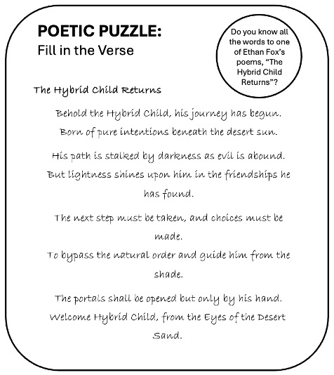 Interactive Poetic Puzzle for ‘The Hybrid Child Returns’ Solution in the Ethan Fox October 2024 newsletter, reader challenge.