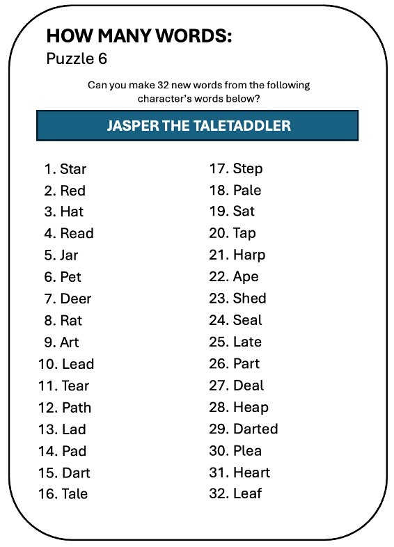 Interactive How Many Words puzzle for ‘Jasper the Taletaddler’ Solution in the Ethan Fox October 2024 newsletter.