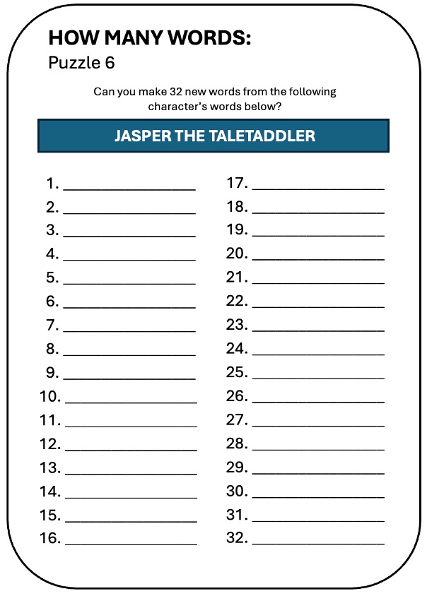 Interactive How Many Words puzzle for ‘Jasper the Taletaddler’ in the Ethan Fox October 2024 newsletter.