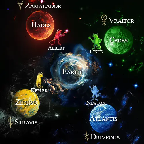 Image of the Ethan Fox Universe showing four elemental worlds surrounding Earth in a Chrysalis, without text