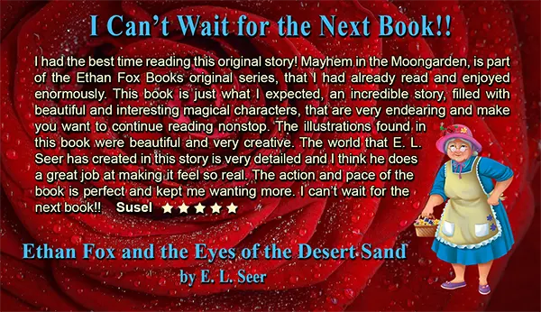 Mrs. Moongarden presenting a five-star review, key in exploring spin-off stories from Ethan Fox universe.