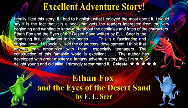 Characters RGB presenting a five-star review of Ethan Fox and the Eyes of the Desert Sand plot summary.