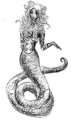 Initial concept art of Brianna Tanglewood’s protagonist evolution, standing on her coiled tail in the Ethan Fox Books series