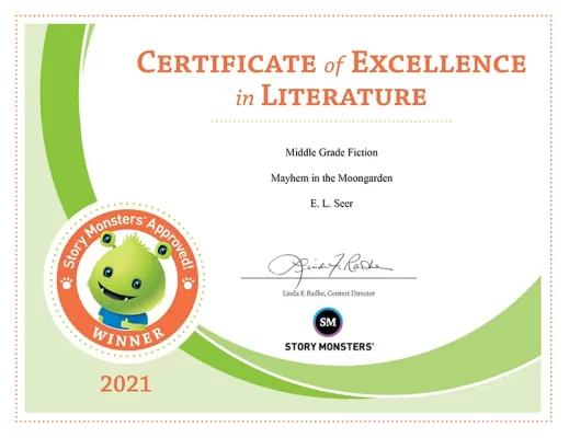 2021 Story Monsters Approved! Certificate of Excellence in Literature, showcasing award-winning recognition.