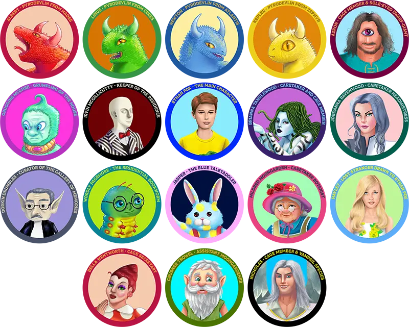 Collage of eighteen character avatars from the Ethan Fox series secrets, spoilers, and teasers.