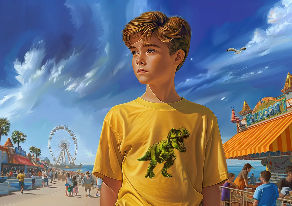Ethan’s reflective moment at Santa Cruz boardwalk, before meeting Hayley in “Ethan Fox and the Eyes of the Desert Sand”