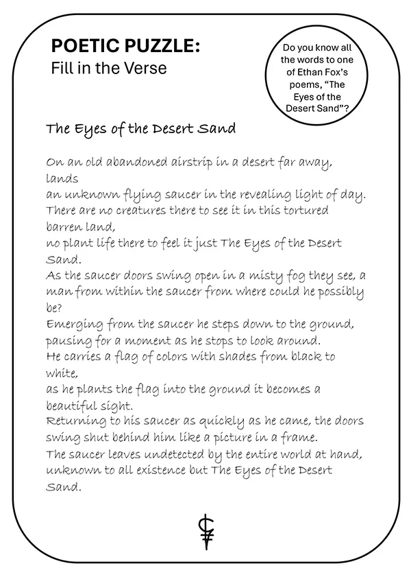 Interactive Poetic Puzzle for ‘The Eyes of the Desert Sand’ Solution in the Ethan Fox May 2024 newsletter, reader challenge