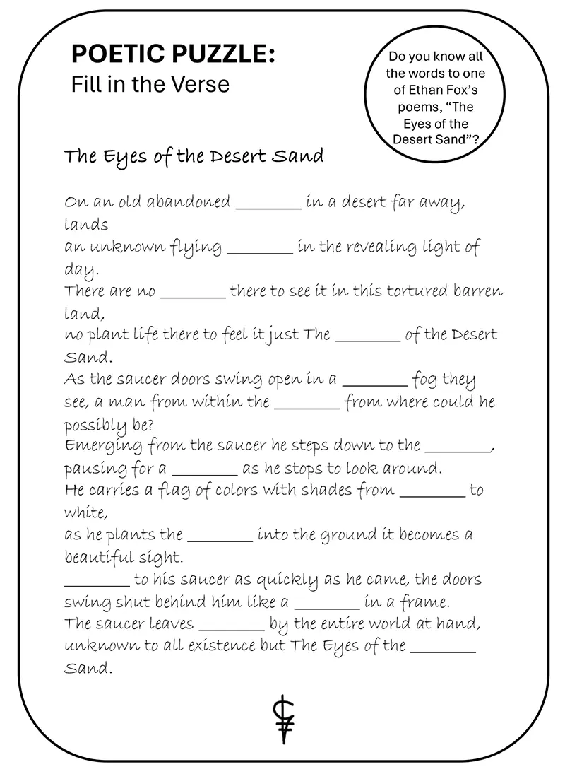 Interactive Poetic Puzzle for ‘The Eyes of the Desert Sand’ in the Ethan Fox April 2024 newsletter, reader challenge.