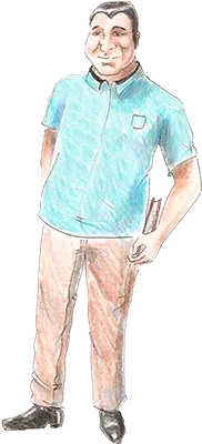 George Fox, symbol of resilience and perseverance, in thoughtful pose with blue shirt and tan pants in the Ethan Fox series.