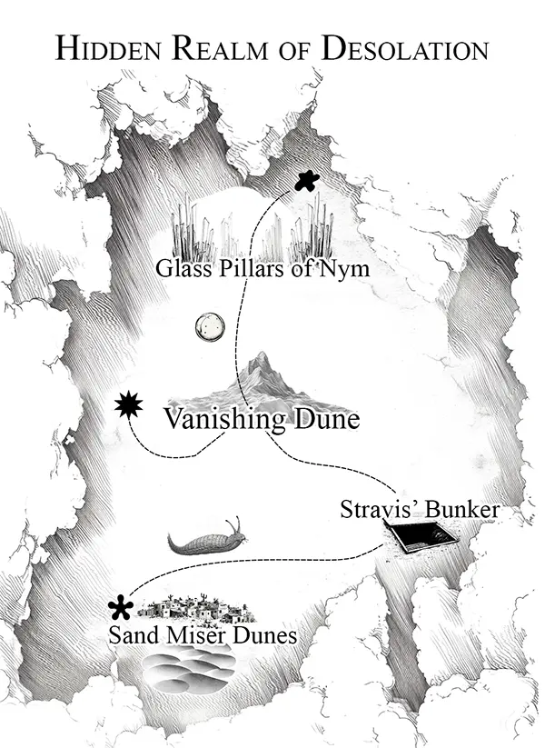 Eerie view of the hidden realm of Desolation featuring Sand Miser Dunes, the Vanishing Dune, and the Glass Pillars of Nym.