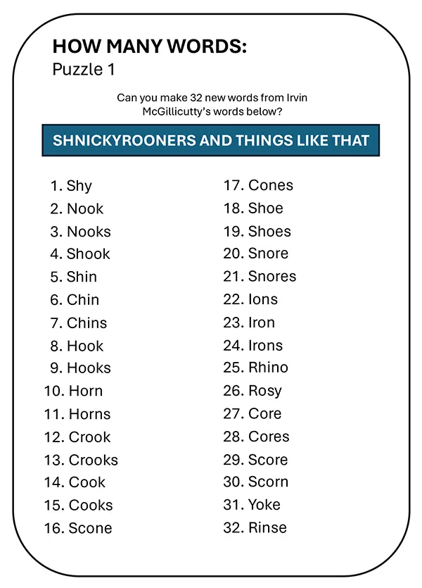 Interactive How Many Words puzzle for ‘Shnickyrooners and things like that’ Solution in the Ethan Fox May 2024 newsletter.