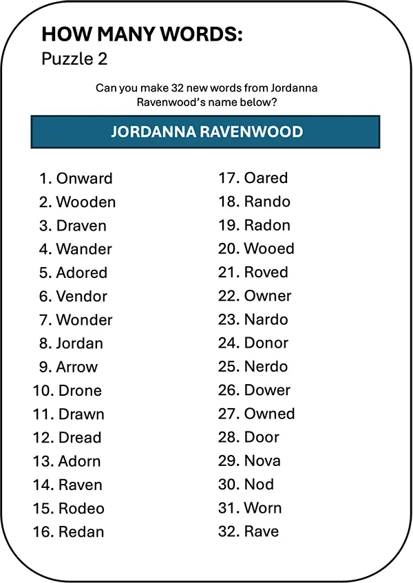 Interactive How Many Words puzzle for ‘Jordanna Ravenwood’ Solution in the Ethan Fox June 2024 newsletter.