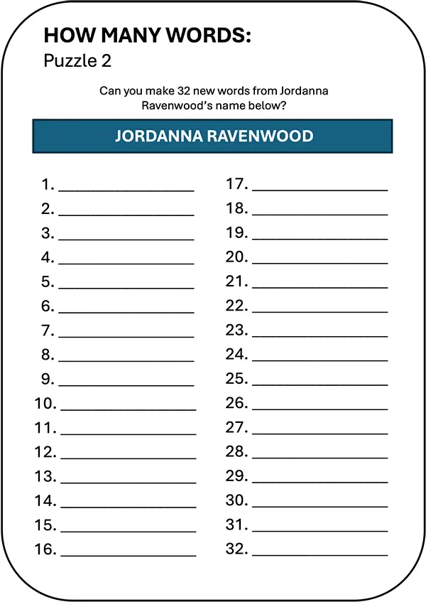 Interactive How Many Words puzzle 2 for ‘Jordanna Ravenwood’ in the Ethan Fox June 2024 newsletter.