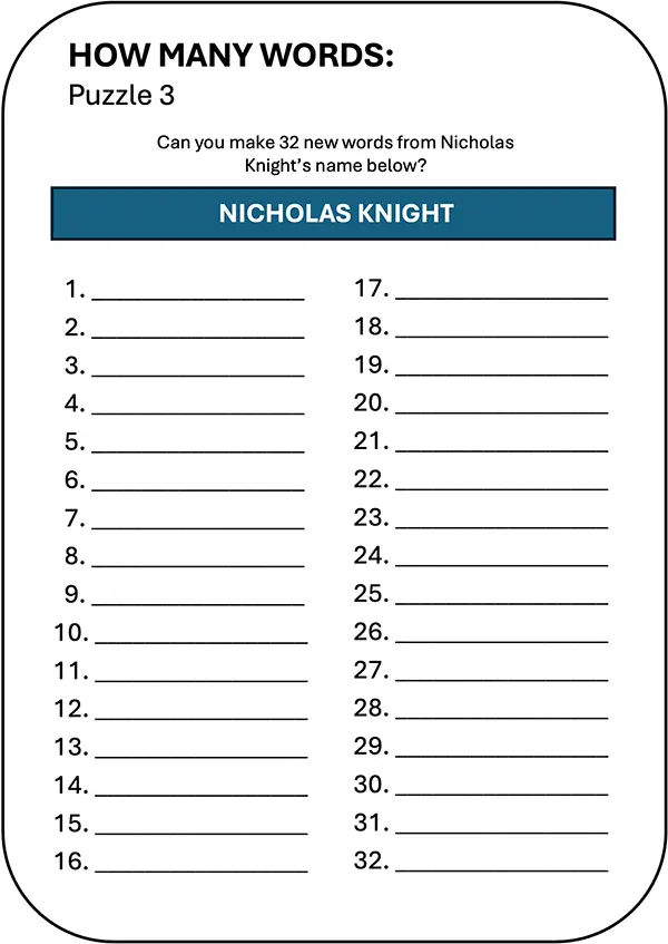 Interactive How Many Words puzzle 3 for ‘Nicholas Knight’ in the Ethan Fox July 2024 newsletter.