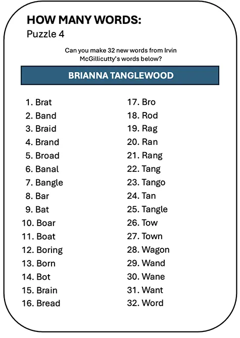 Interactive How Many Words puzzle for Brianna Tanglewood Solution in the Ethan Fox August 2024 newsletter.