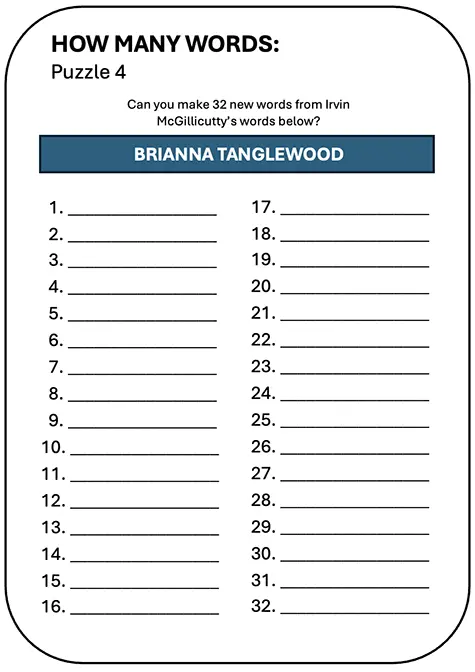 Interactive How Many Words puzzle for ‘Brianna Tanglewood’ in the Ethan Fox August 2024 newsletter.