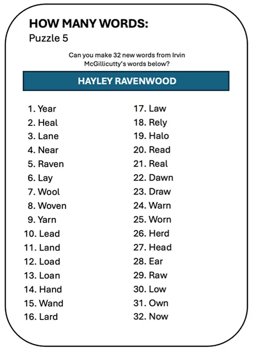 Interactive How Many Words puzzle for Hayley Ravenwood Solution in the Ethan Fox September 2024 newsletter.