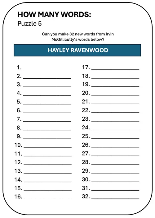 Interactive How Many Words puzzle for ‘Hayley Ravenwood’ in the Ethan Fox September 2024 newsletter.