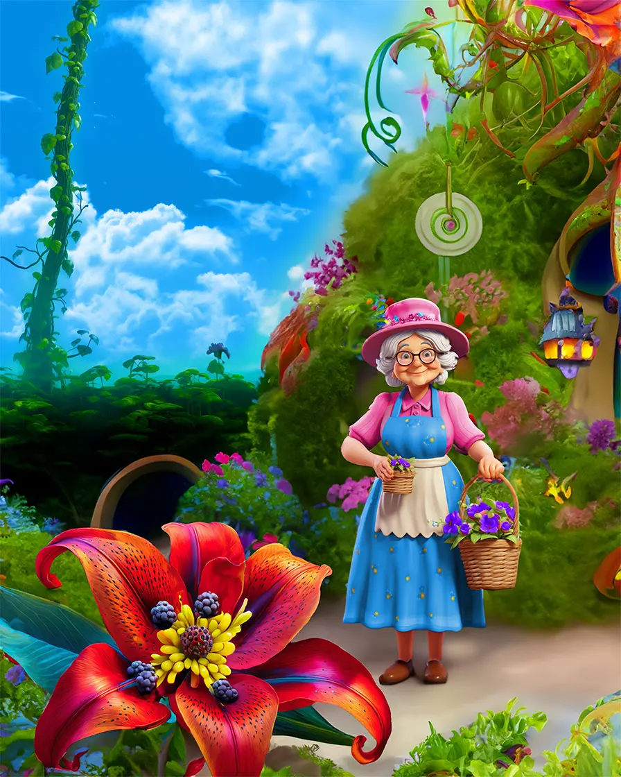 Mildred Moongarden guiding Grubner Trowel in her magical garden in “Mayhem in the Moongarden”