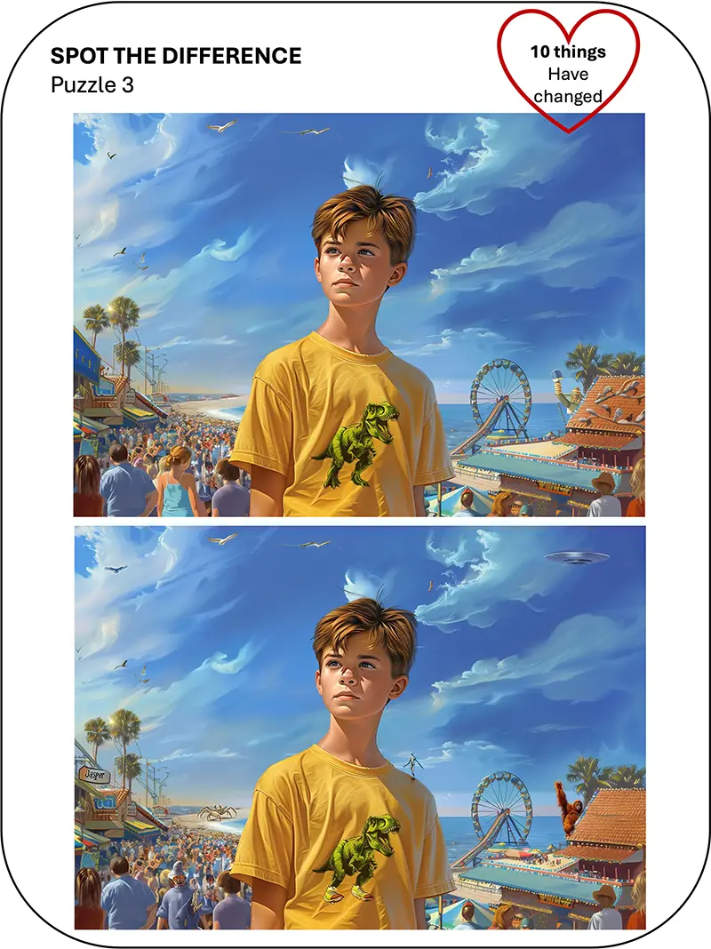 Interactive Spot the Difference puzzle for George in the Ethan Fox July 2024 newsletter, reader challenge.