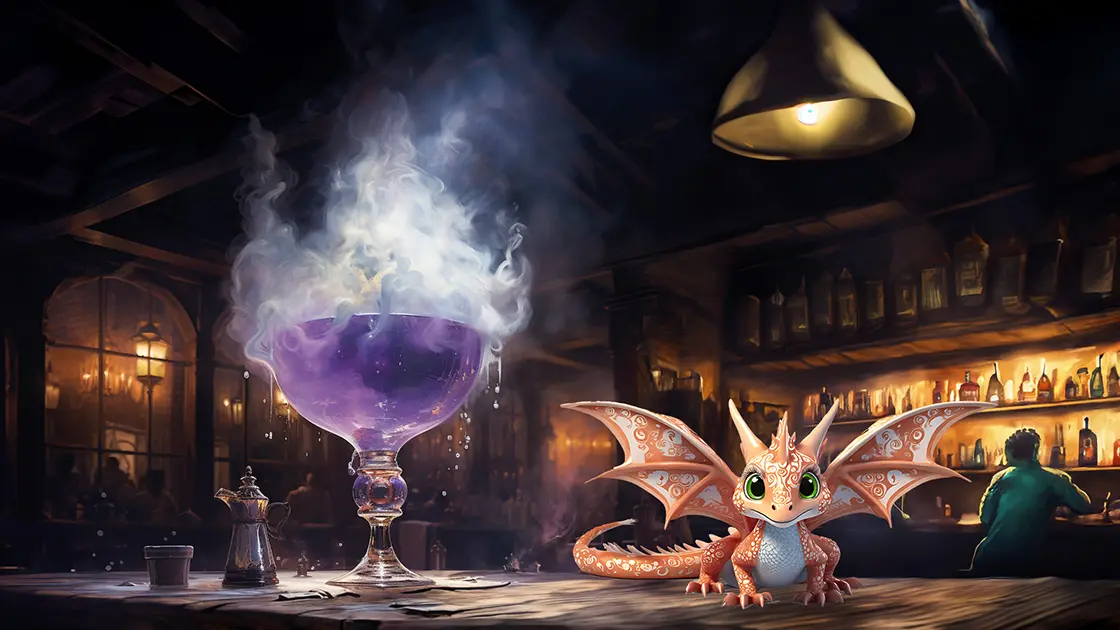 Tinx the pixie-dragon, on a table beside a goblet of dragon’s breath, at the Deadwood Saloon in the Ethan Fox Books series