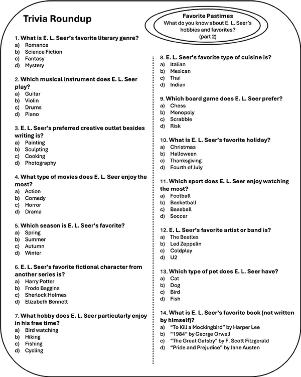 Interactive Trivia Roundup for E. L. Seer’s Writing Journey Part 2 in the Ethan Fox June 2024 newsletter, reader challenge.