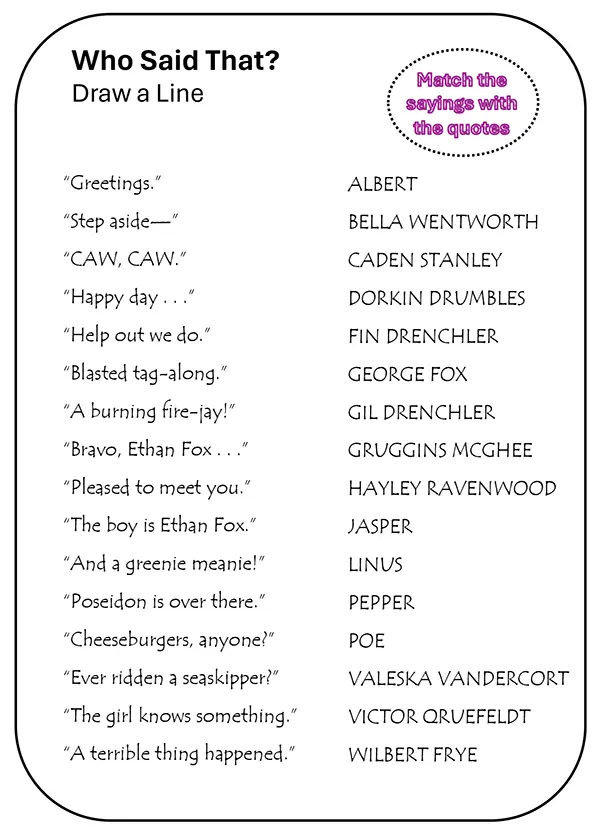 Interactive Who Said That? for ‘Ethan Fox and the Eyes of the Desert Sand’ in the Ethan Fox April 2024 newsletter, challenge.