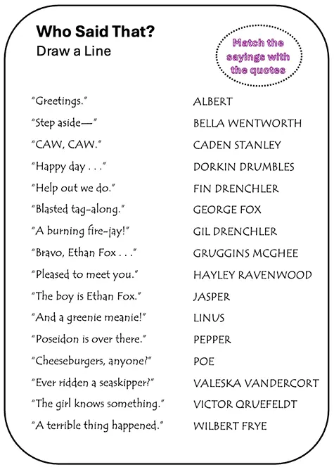 Interactive Who Said That? for ‘Ethan Fox and the Eyes of the Desert Sand’ in the Ethan Fox August 2024 newsletter, challenge.