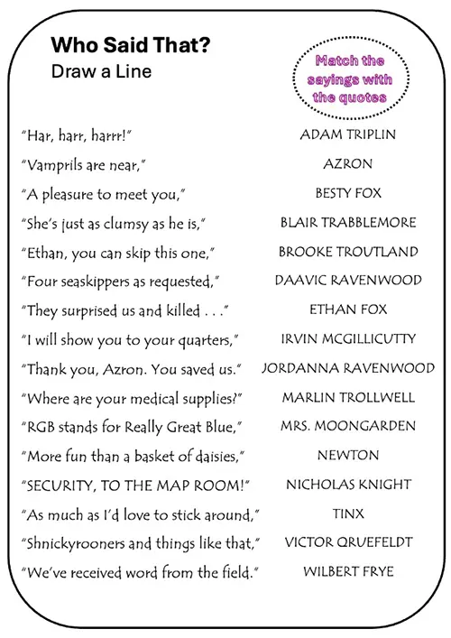 Interactive Who Said That? for ‘Ethan Fox and the Shadow Princess’ in the Ethan Fox September 2024 newsletter, challenge.