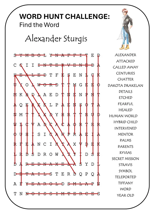 Word hunt challenge for ‘Alexander Sturgis’ Solution in the Ethan Fox May 2024 newsletter, reader challenge.