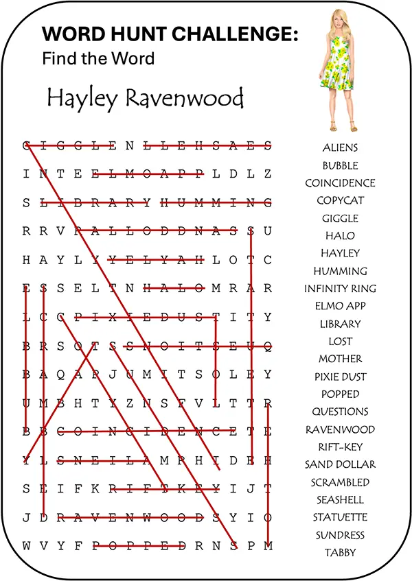 Word hunt challenge for ‘Hayley’ Solution in the Ethan Fox July 2024 newsletter, reader challenge.