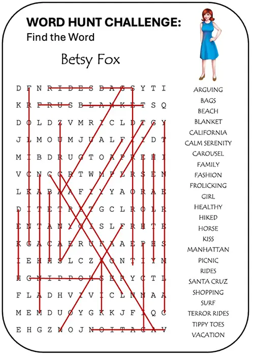 Word hunt challenge for ‘Betsy Fox’ Solution in the Ethan Fox September 2024 newsletter, reader challenge.