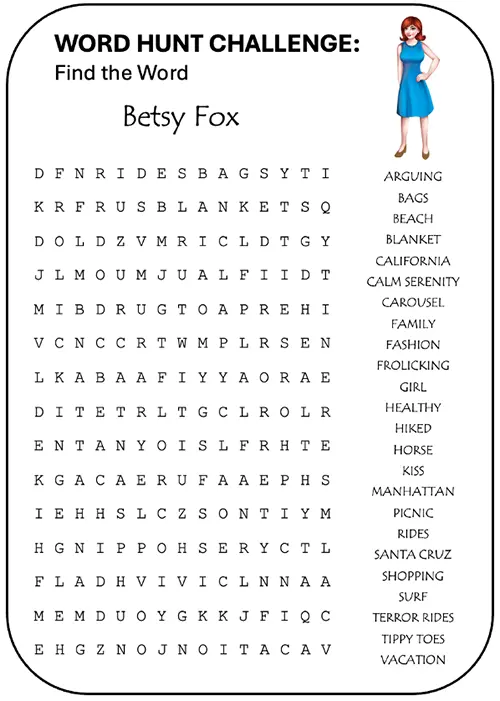 Word hunt challenge for Betsy Fox in the Ethan Fox September 2024 newsletter, reader challenge.