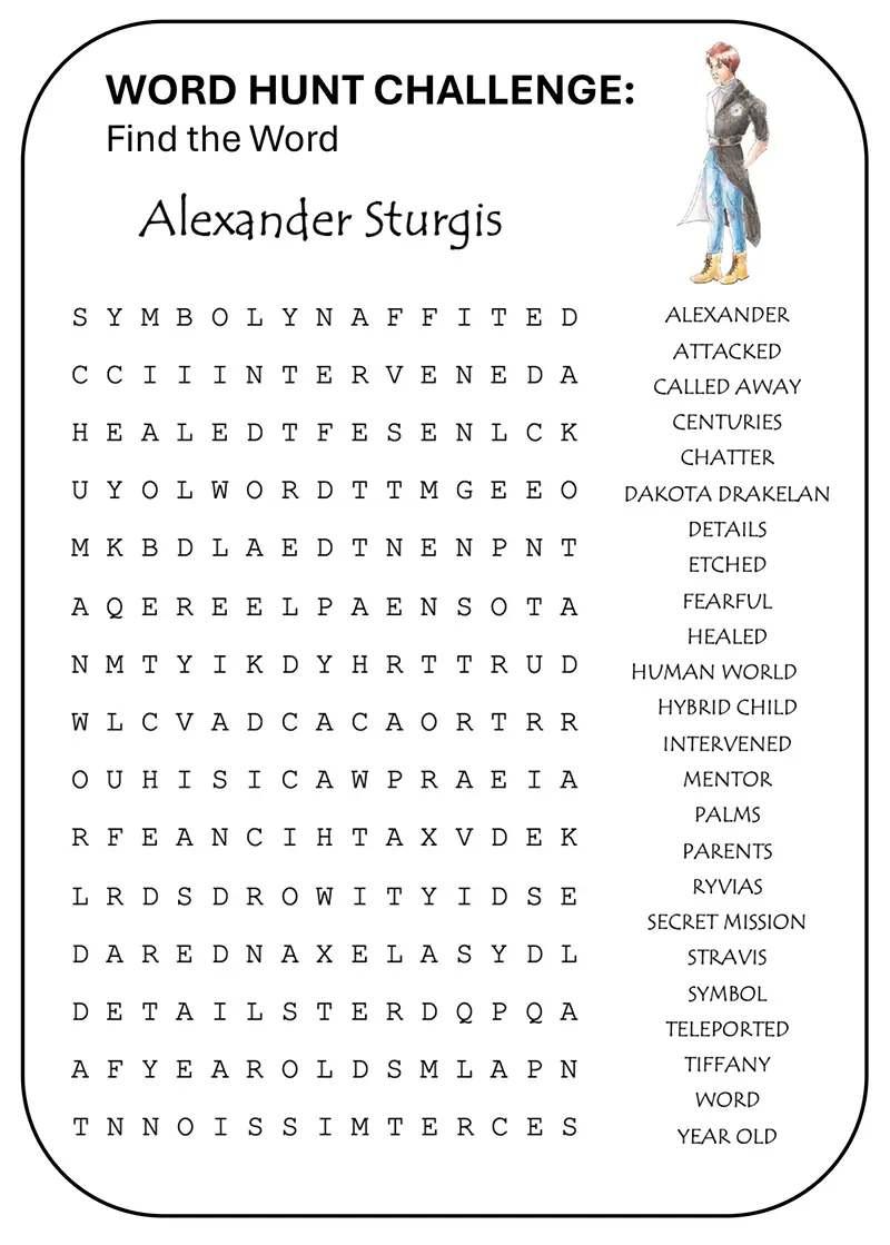 Word hunt challenge for ‘Alexander Sturgis’ in the Ethan Fox April 2024 newsletter, reader challenge.