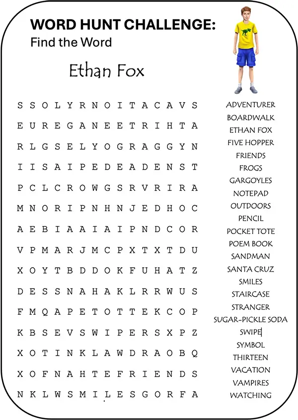 Word hunt challenge for ‘Ethan Fox’ in the Ethan Fox June 2024 newsletter, reader challenge.