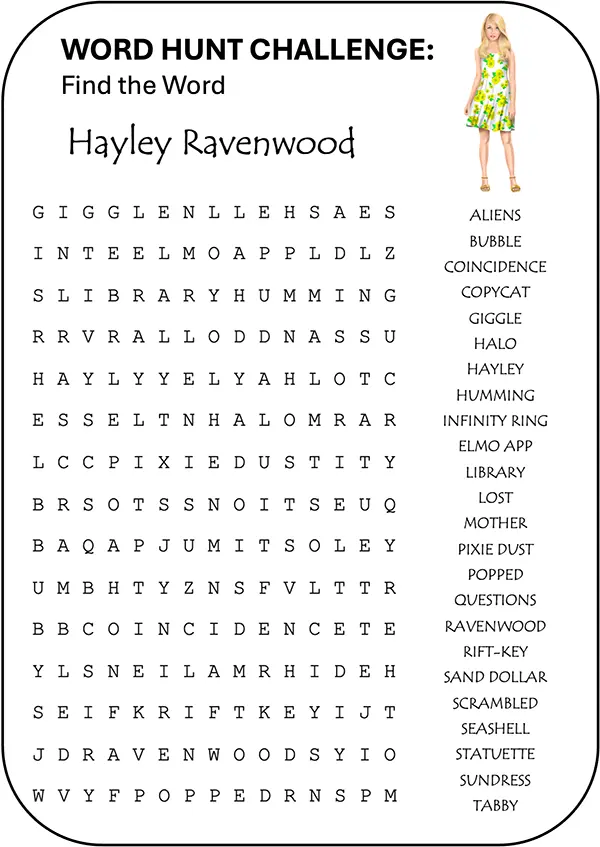 Word hunt challenge for ‘Hayley’ in the Ethan Fox July 2024 newsletter, reader challenge.